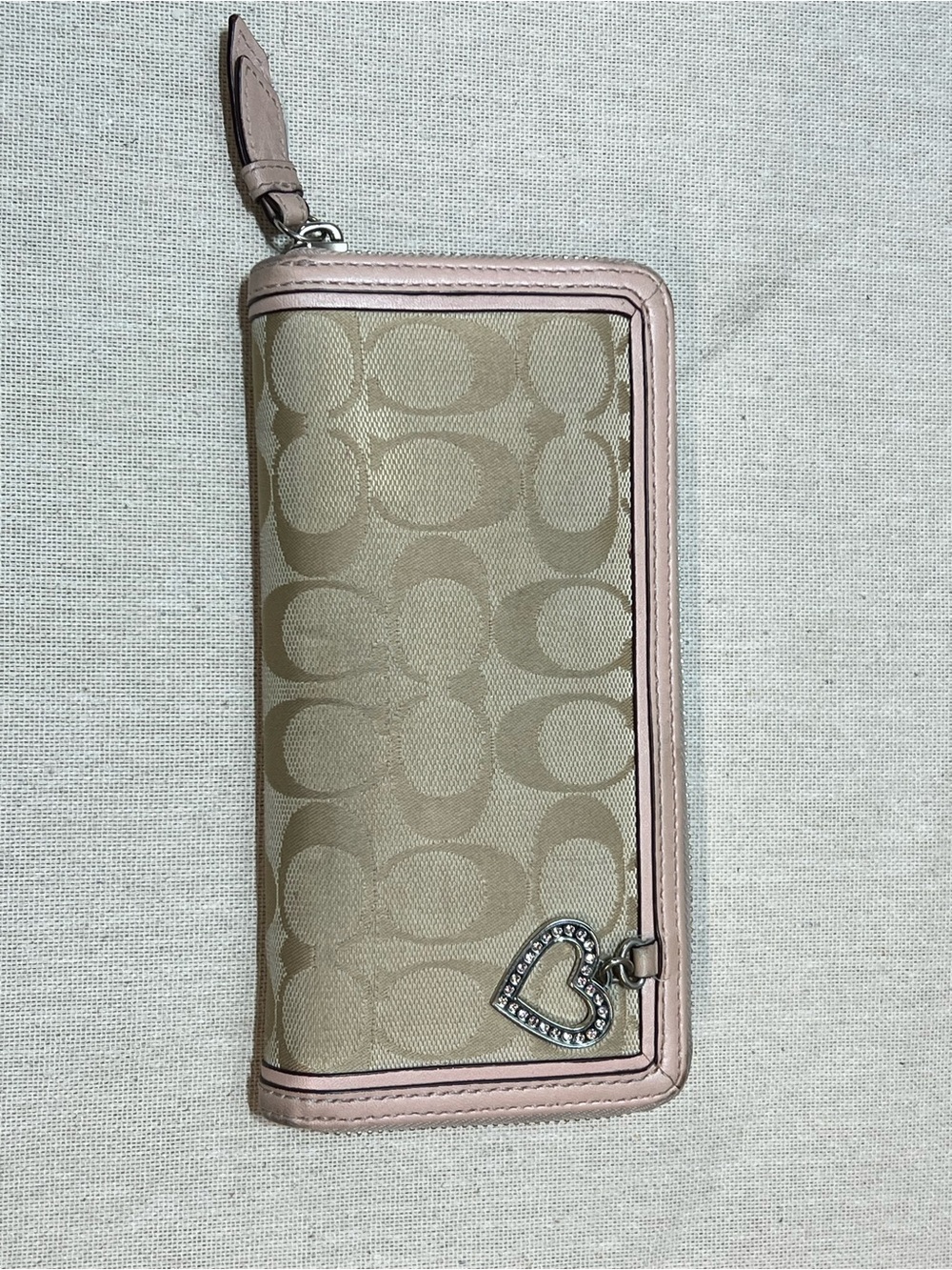 Coach Beige Signature Canvas Wallet with Pink Trim and Heart Charm